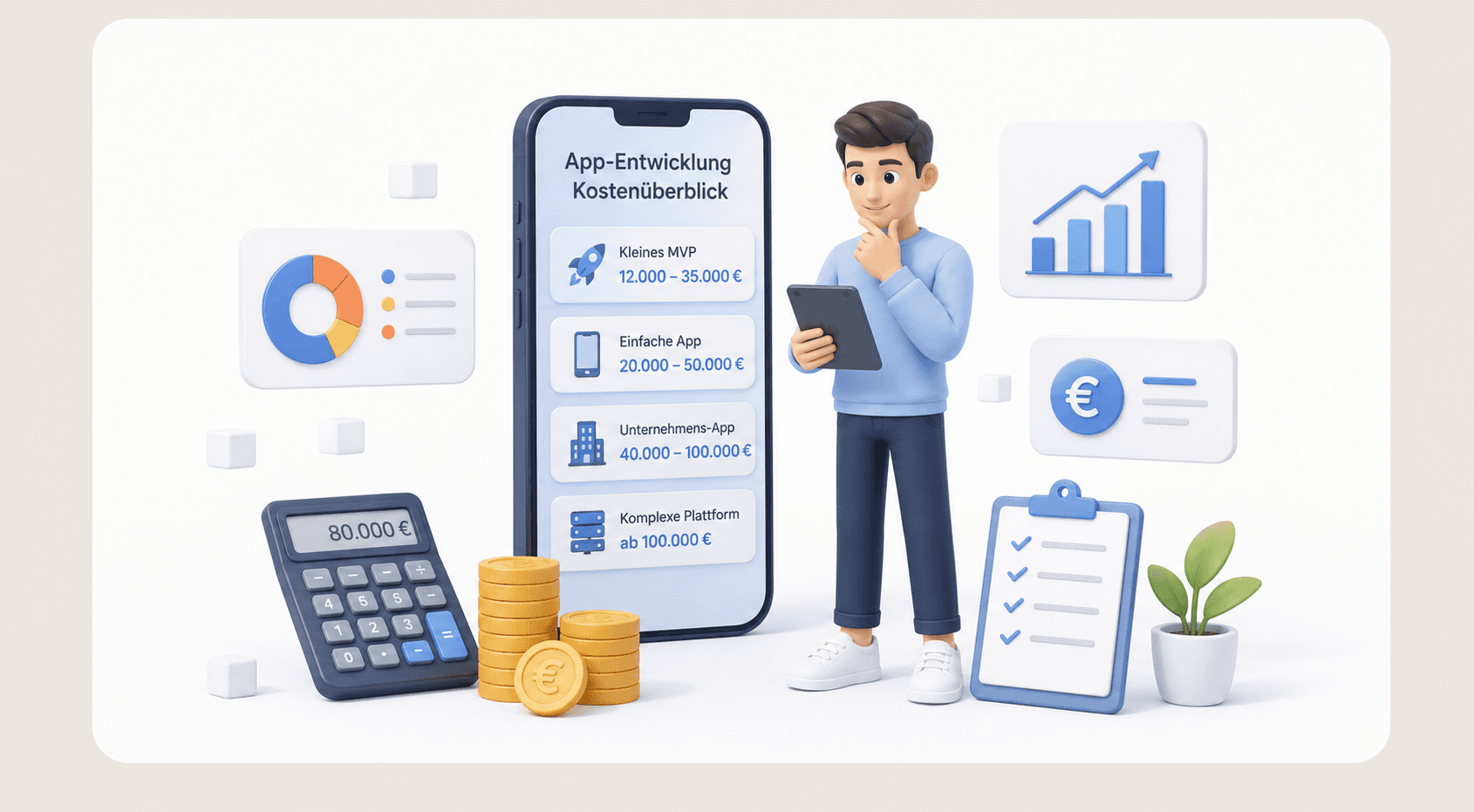 3D-Illustration zur Kostenplanung einer App-Entwicklung mit Smartphone, Preisstufen, Euro-Münzen, Taschenrechner und Projektübersicht.