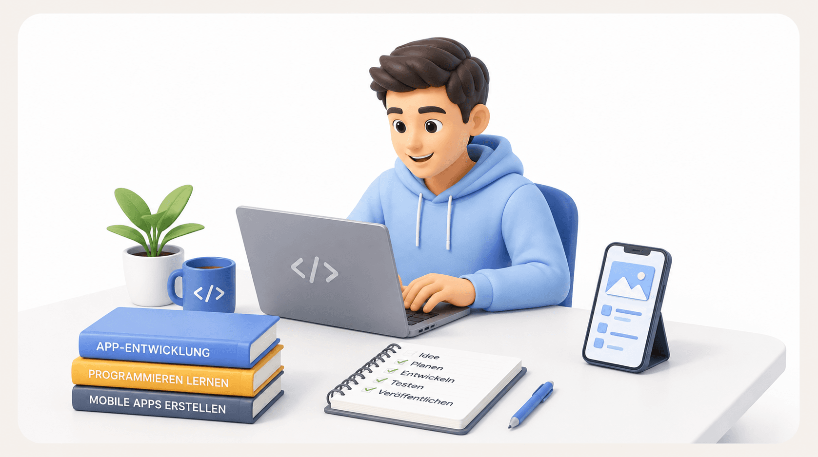 Anfänger entwickelt am Laptop seine erste mobile App mit Smartphone, Lernbüchern und Checkliste zur App-Entwicklung.