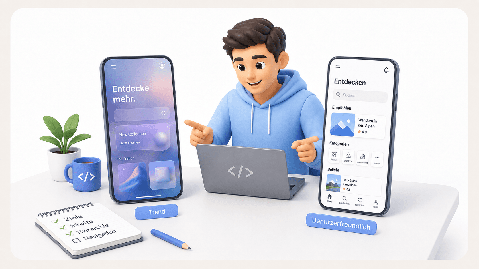 3D-Illustration zum Vergleich von modernen App-Layout-Trends und benutzerfreundlichem UX-Design auf zwei Smartphone-Oberflächen.
