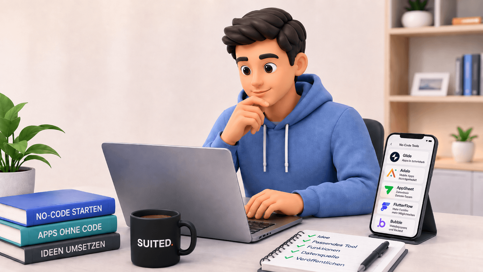 3D-Illustration eines Anfängers beim Vergleich von No-Code-Tools wie Glide, Adalo, AppSheet, FlutterFlow und Bubble auf einem Smartphone.