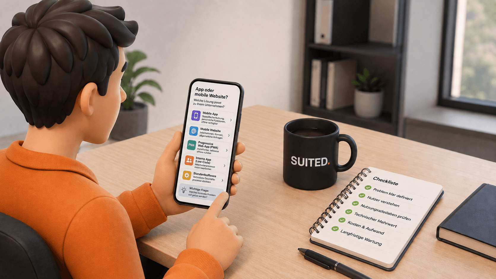 3D-Illustration eines Unternehmens bei der Entscheidung zwischen eigener App, mobiler Website, PWA, Low-Code-Lösung und Standardsoftware.