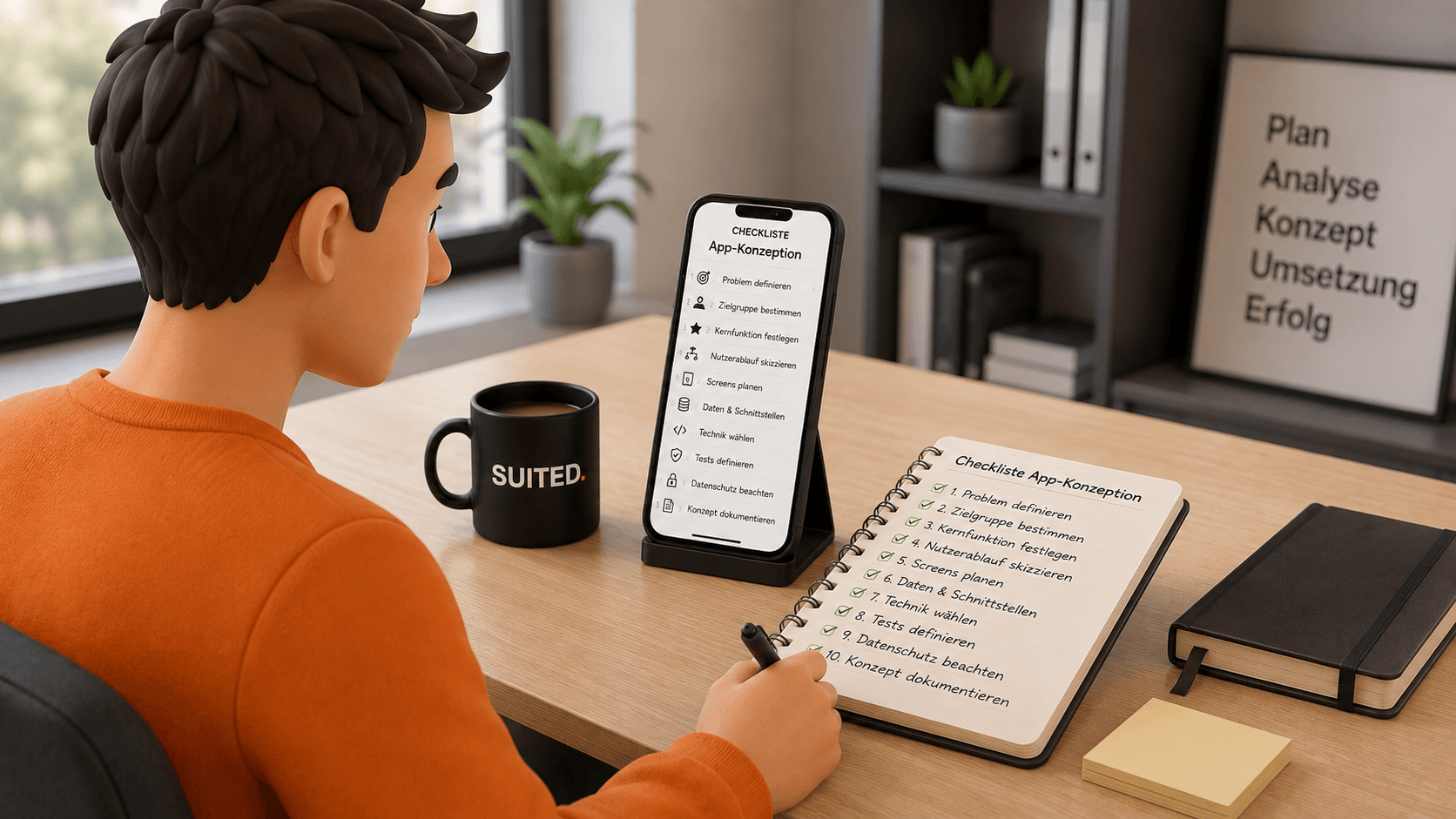 3D-Illustration einer Checkliste zur App-Konzeption mit zehn Planungsschritten, Smartphone, Notizbuch und SUITED.-Tasse.
