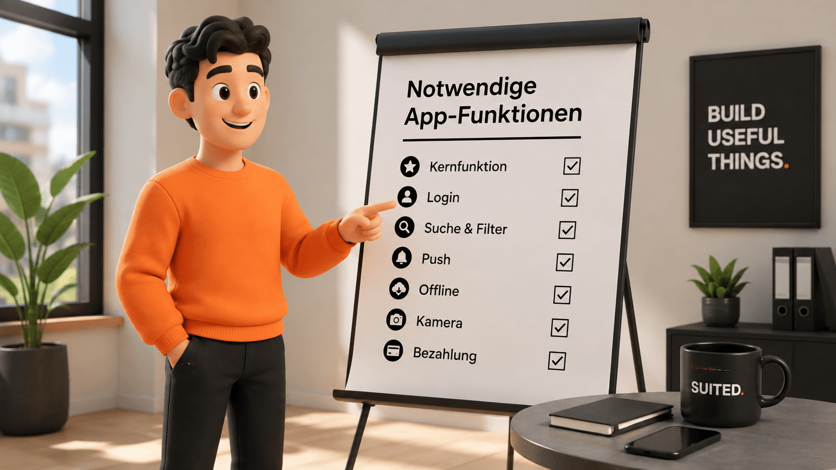 3D-Illustration eines Mannes im orangenen Pullover, der an einer Flipchart eine Checkliste für notwendige App-Funktionen präsentiert, mit schwarzer SUITED.-Tasse und schwarzem Poster im Hintergrund.
