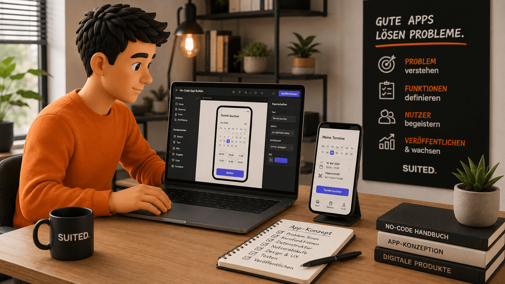 3D-Illustration eines Mannes im orangenen Pullover, der ohne Programmierung eine eigene App in einem visuellen No-Code-Editor erstellt, mit Smartphone-Vorschau und schwarzer SUITED.-Tasse.