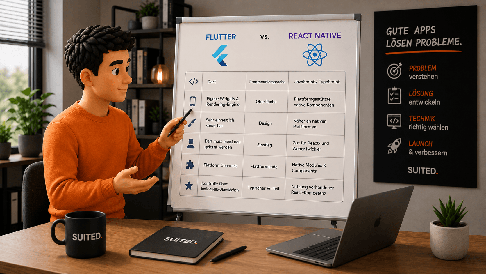 3D-Illustration eines Entwicklers im orangenen Pullover, der Flutter und React Native auf einer Vergleichstafel gegenüberstellt, mit schwarzer SUITED.-Tasse im Vordergrund.