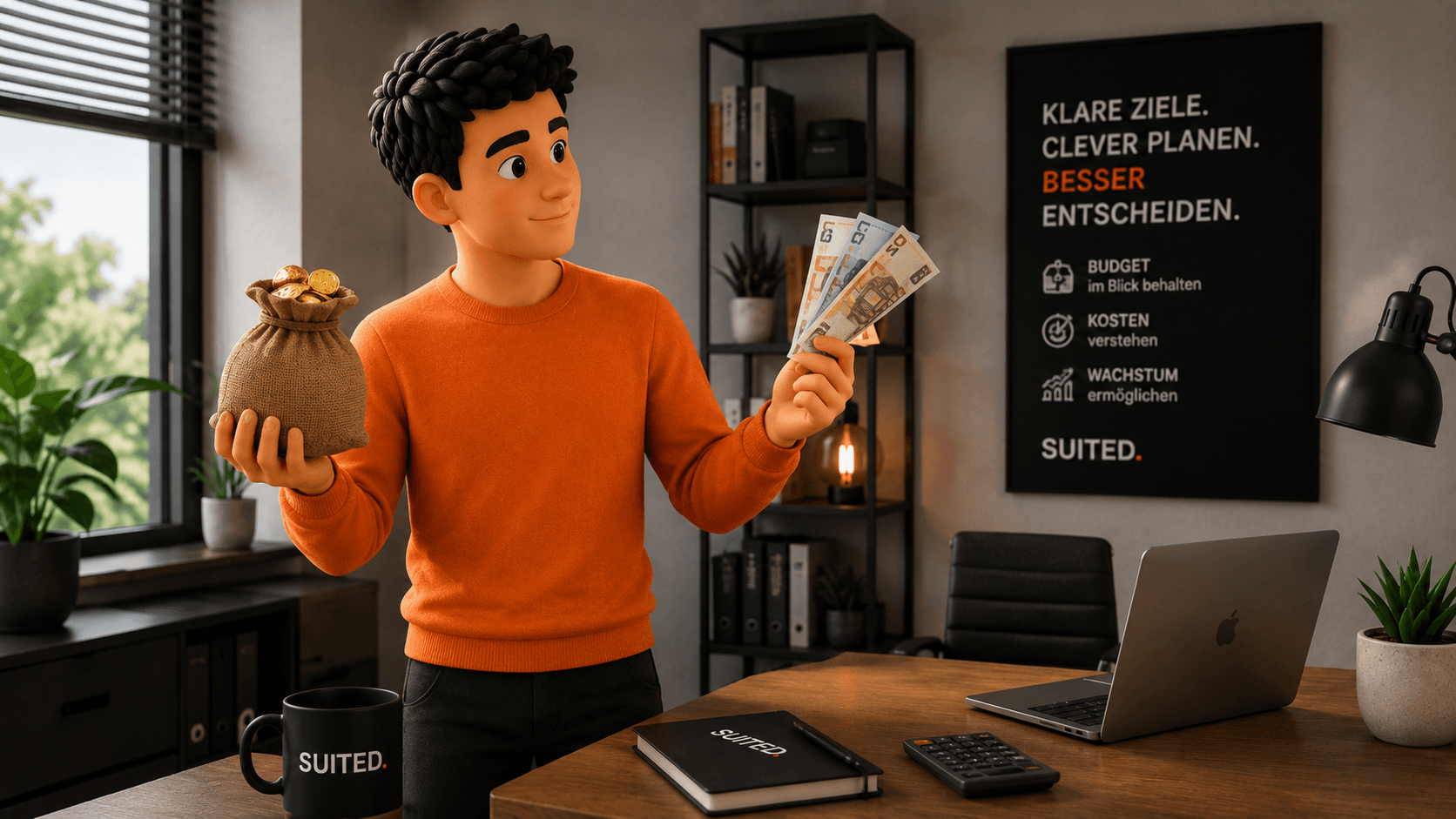3D-Illustration eines Mannes im orangenen Pullover mit Geldscheinen und einem Sack voller Münzen als Symbol für App-Monetarisierung, mit schwarzer SUITED.-Tasse und Büro-Setting.
