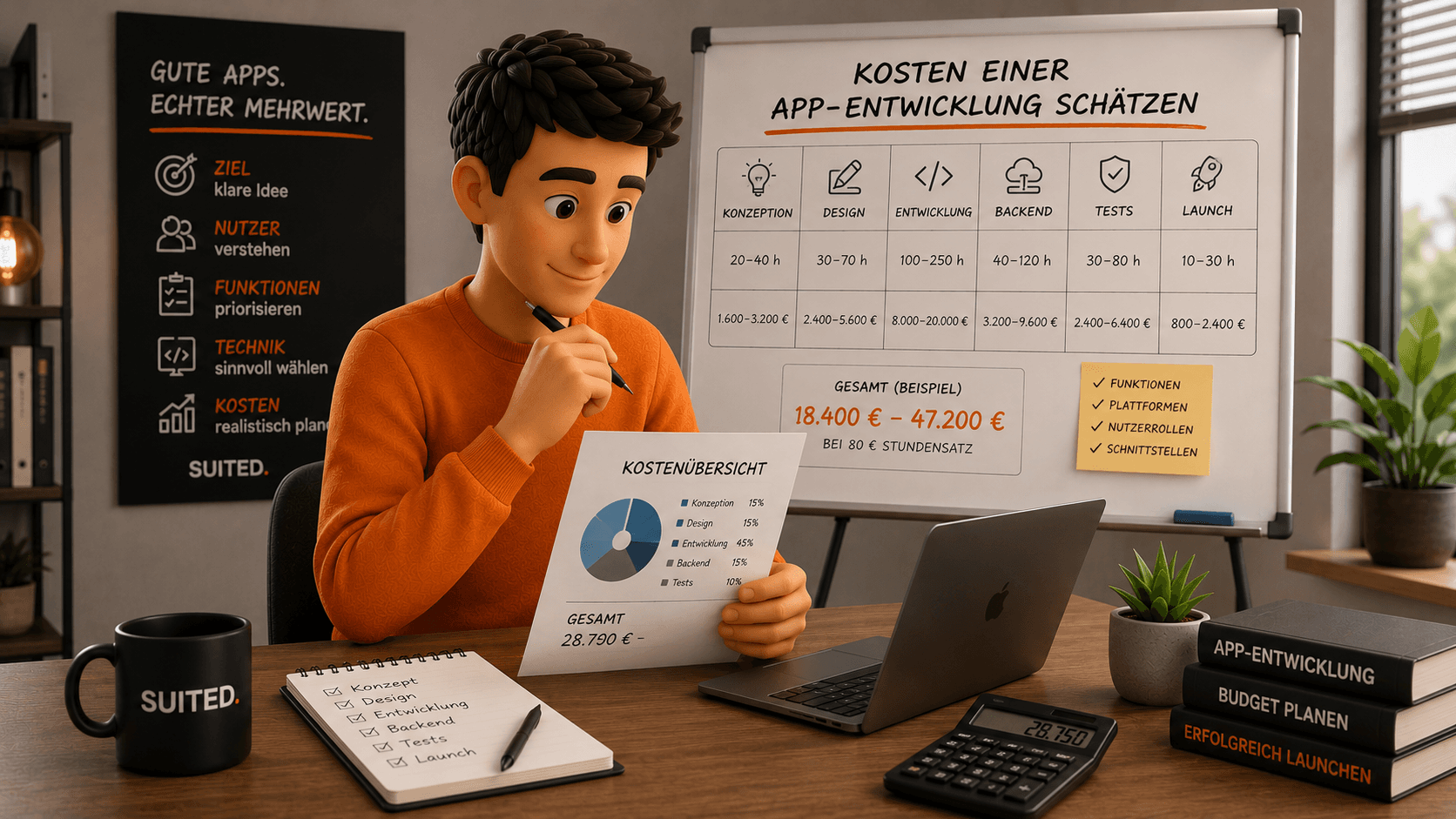 3D-Illustration zur Kalkulation der App-Entwicklungskosten mit Budgetübersicht, Entwicklungsphasen, Stundenaufwand und Rechner, ergänzt durch schwarze SUITED.-Tasse und orangefarbenen Pullover.
