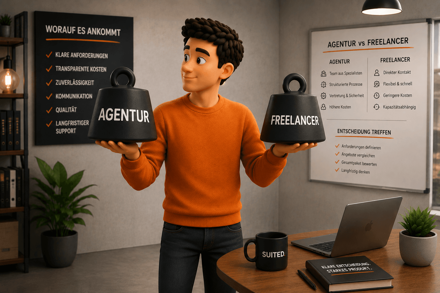 3D-Illustration eines Mannes im orangenen Pullover, der zwischen den Optionen „Agentur“ und „Freelancer“ abwägt, mit schwarzer SUITED.-Tasse und Vergleich der Auswahlkriterien im Hintergrund.