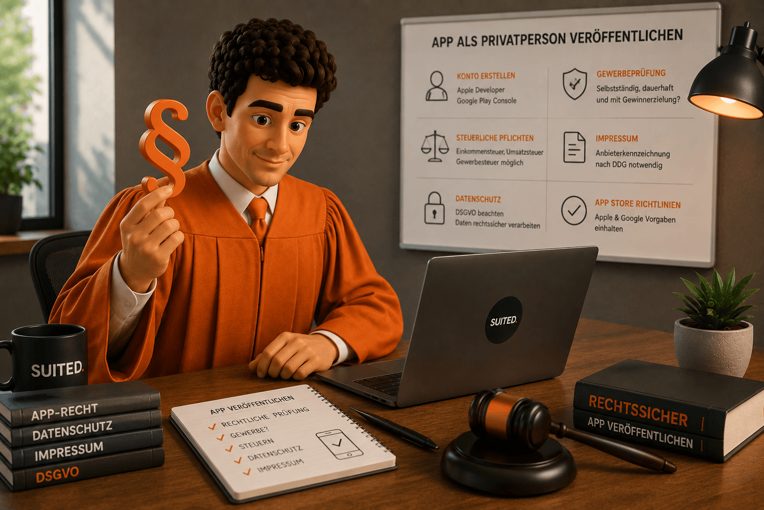3D-Illustration eines Mannes in einer orangenen Richterrobe mit Paragraphenzeichen, die rechtliche Voraussetzungen für die Veröffentlichung einer App als Privatperson zeigt, mit schwarzer SUITED.-Tasse und rechtlicher Checkliste im Hintergrund.