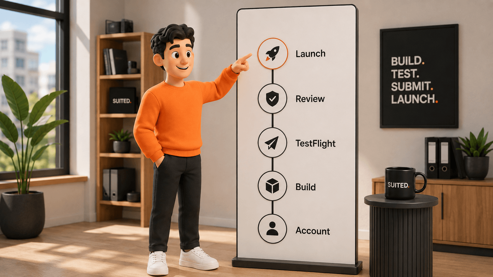 3D-Illustration eines Mannes im orangenen Pullover, der einen Ablauf von Developer Account über Build und TestFlight bis Review und Launch für die App-Veröffentlichung im App Store zeigt, mit schwarzer SUITED.-Tasse.