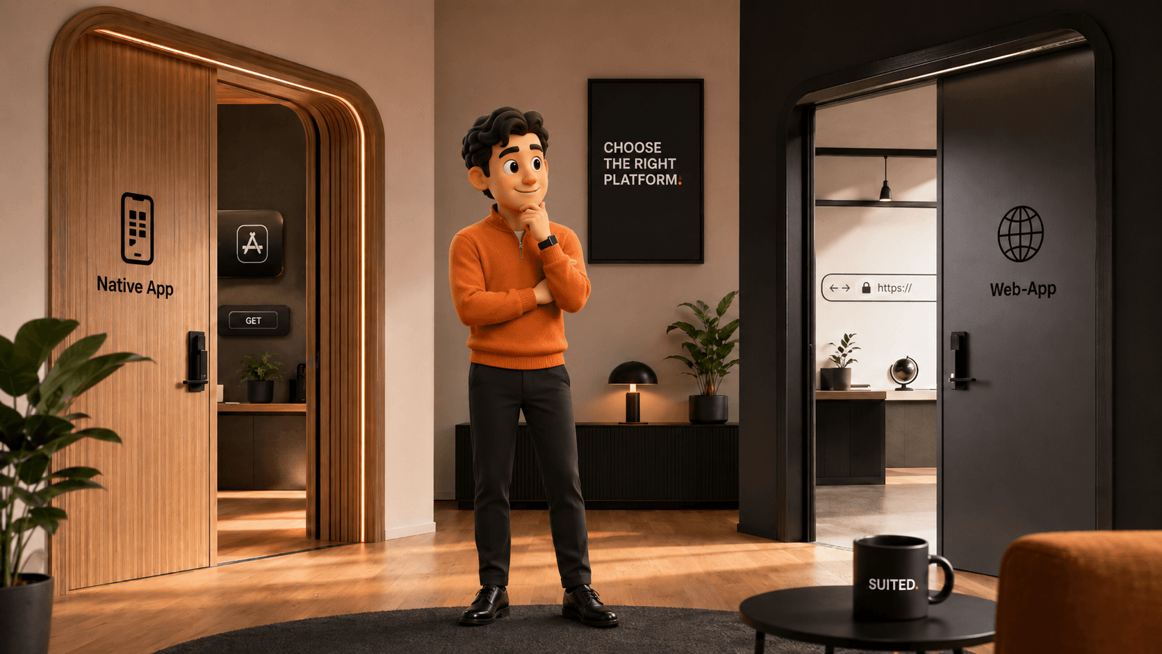 3D-Illustration eines Mannes im orangenen Pullover, der zwischen zwei Türen für „Native App“ und „Web-App“ steht, mit schwarzem Poster „CHOOSE THE RIGHT PLATFORM.“ und schwarzer SUITED.-Tasse im Vordergrund.