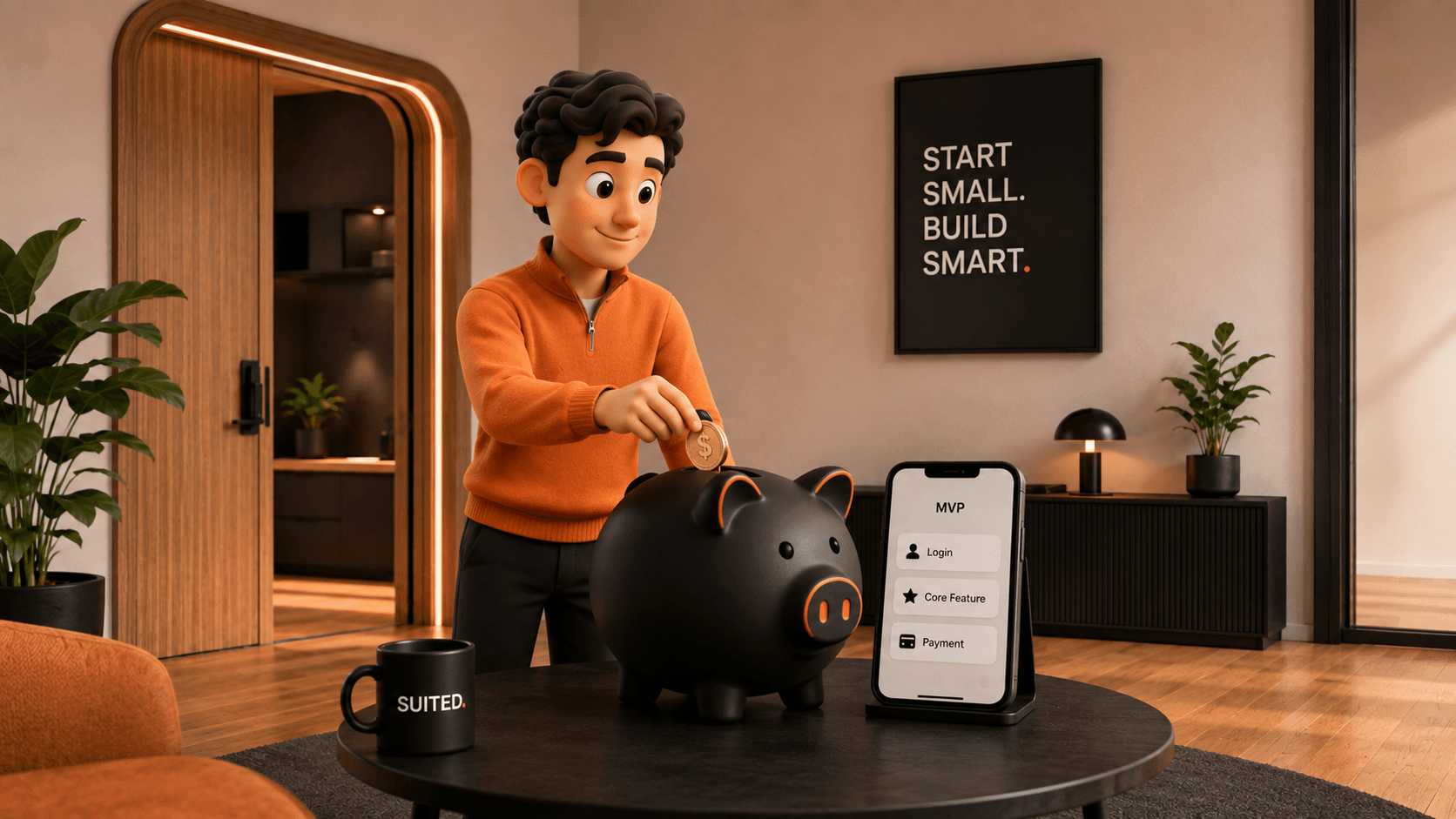 3D-Illustration eines Mannes im orangenen Pullover, der Münzen in ein schwarzes Sparschwein für die Finanzierung einer MVP-App wirft, mit Smartphone-Mockup und schwarzer SUITED.-Tasse.