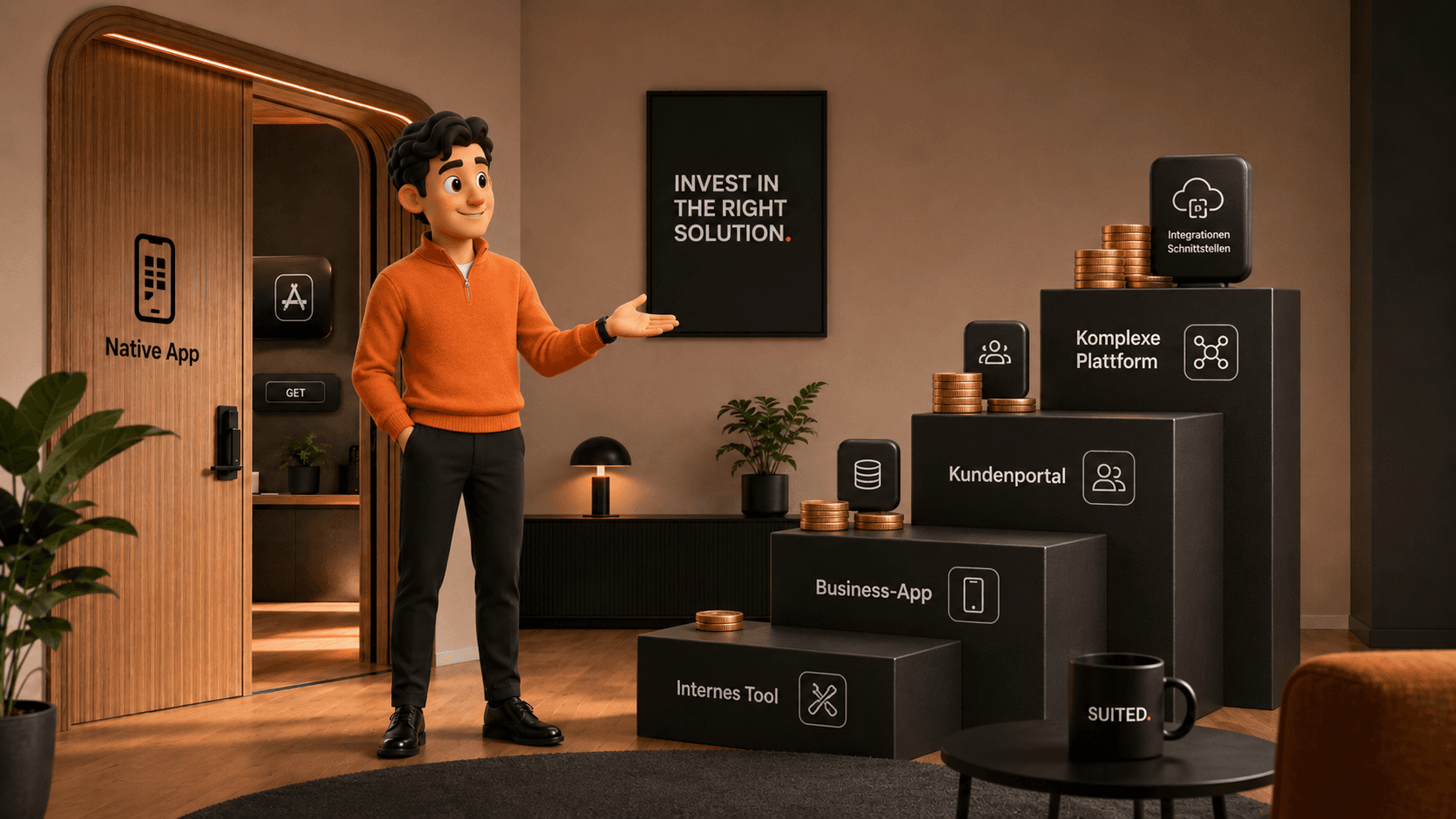 3D-Illustration eines Mannes im orangenen Pullover neben einer gestaffelten Kosten- und Komplexitätstreppe für interne Tools, Business-Apps, Kundenportale und komplexe Plattformen, mit schwarzer SUITED.-Tasse im Vordergrund.