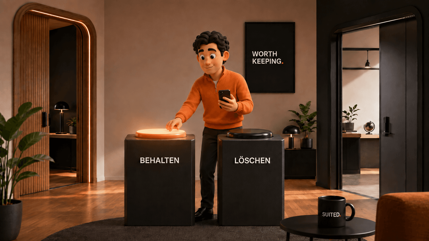 3D-Illustration eines Mannes im orangenen Pullover, der mit dem Smartphone zwischen den Optionen „Behalten“ und „Löschen“ entscheidet, mit schwarzer SUITED.-Tasse und schwarzem Poster „WORTH KEEPING.“ im Hintergrund.