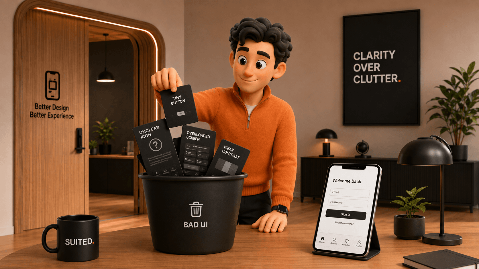 3D-Illustration eines Mannes im orangenen Pullover, der fehlerhafte UI-Elemente wie zu kleine Buttons, unklare Icons, überladene Ansichten und schwache Kontraste in einen Papierkorb wirft, während daneben eine klare App-Oberfläche und die schwarze SUITED.-Tasse zu sehen sind.