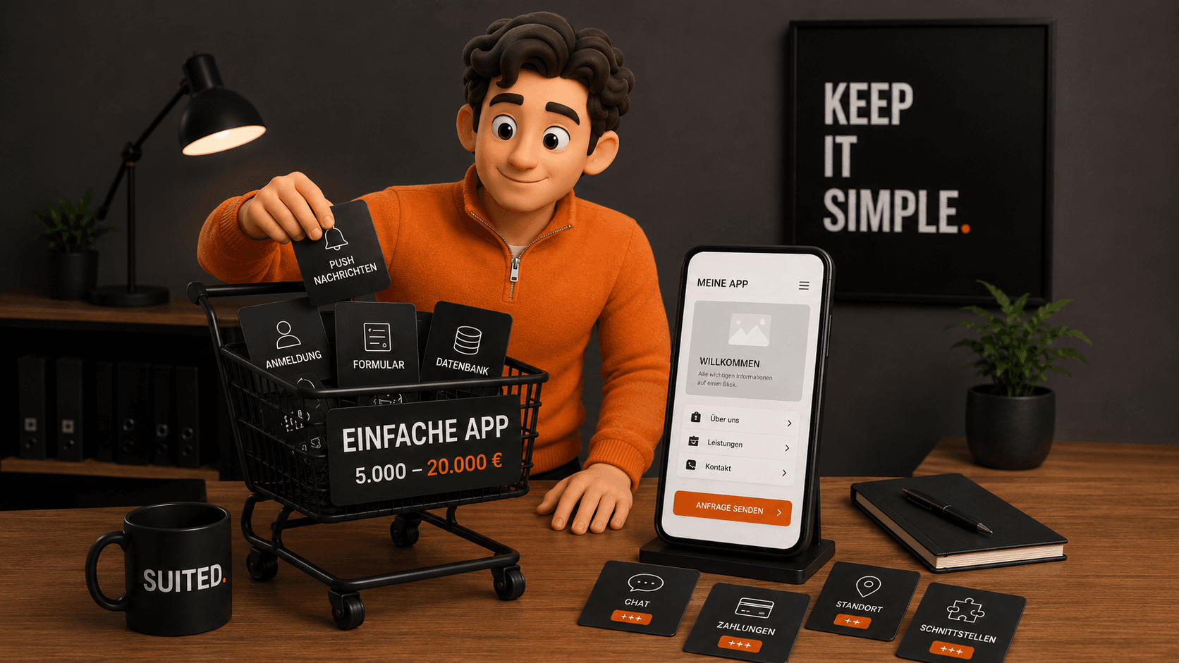 3D-Illustration eines Mannes im orangenen Pullover, der Funktionen wie Anmeldung, Formular, Datenbank und Push-Nachrichten für eine einfache App auswählt, mit Smartphone-Mockup, zusätzlichen Funktionskarten und schwarzer SUITED.-Tasse.
