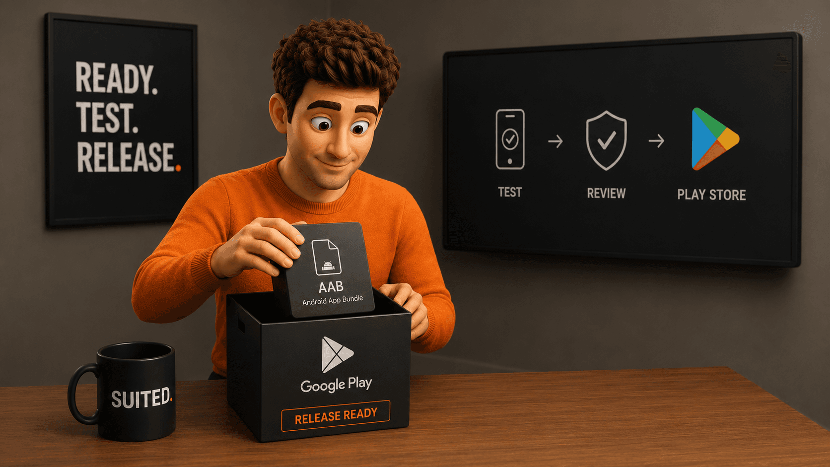 3D-Illustration eines Mannes im orangenen Pullover, der ein Android App Bundle für die Veröffentlichung im Google Play Store vorbereitet, mit den Schritten Test, Review und Play Store sowie schwarzer SUITED.-Tasse.