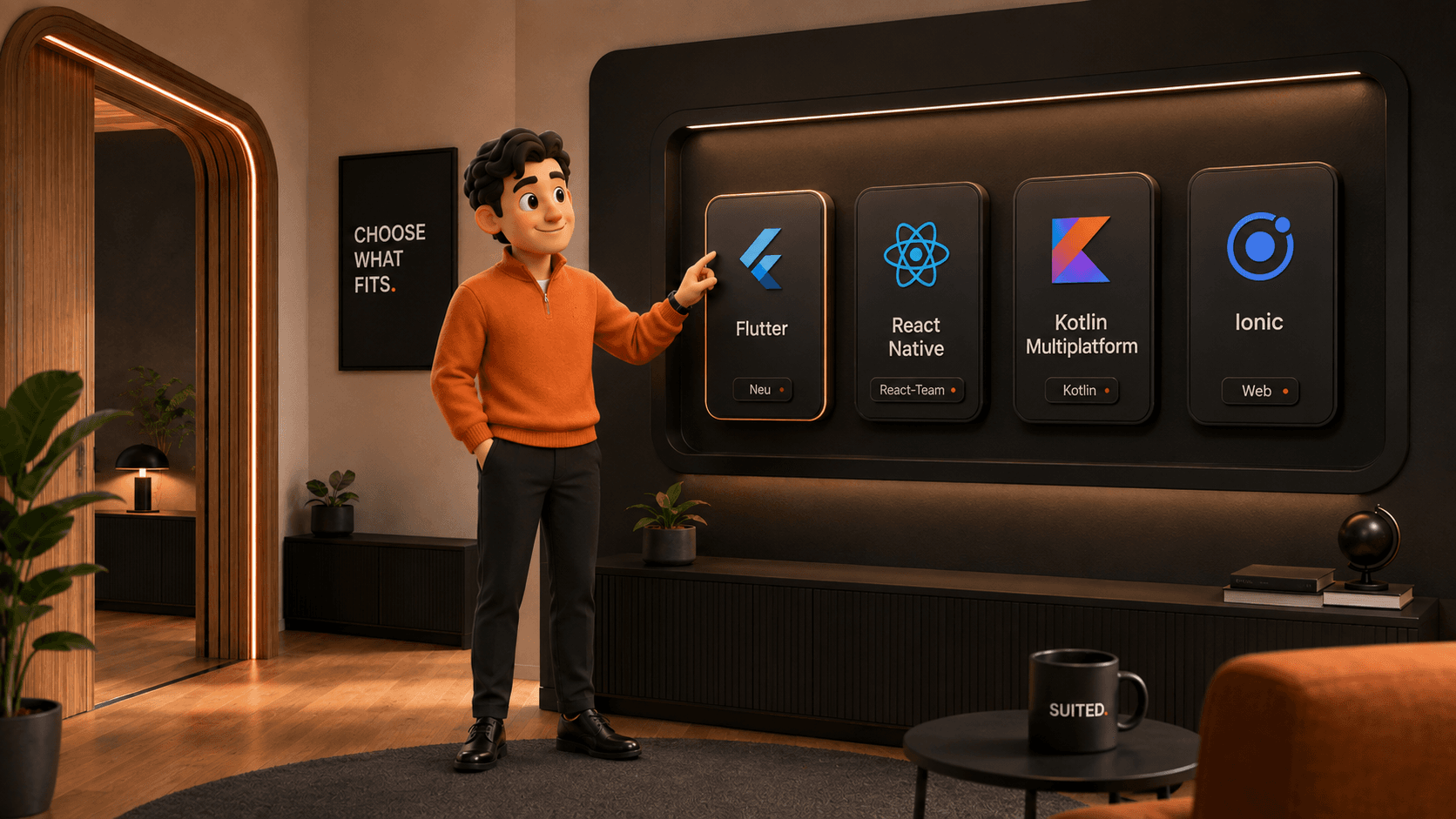 3D-Illustration eines Mannes im orangenen Pullover, der vor einem Technologie-Board die Frameworks Flutter, React Native, Kotlin Multiplatform und Ionic für Android- und iOS-Apps vergleicht, mit schwarzer SUITED.-Tasse im Vordergrund.