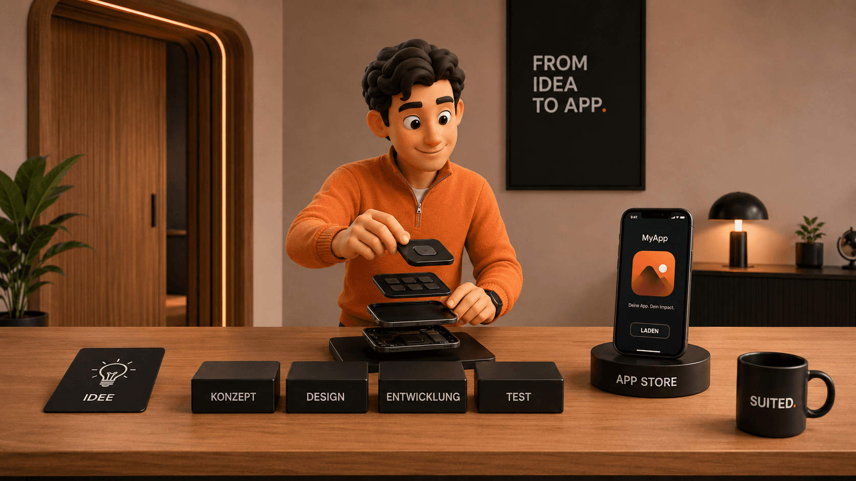 3D-Illustration eines Mannes im orangenen Pullover, der eine App aus den Bausteinen Idee, Konzept, Design, Entwicklung und Test zusammensetzt, bevor sie im App Store veröffentlicht wird, mit schwarzer SUITED.-Tasse.