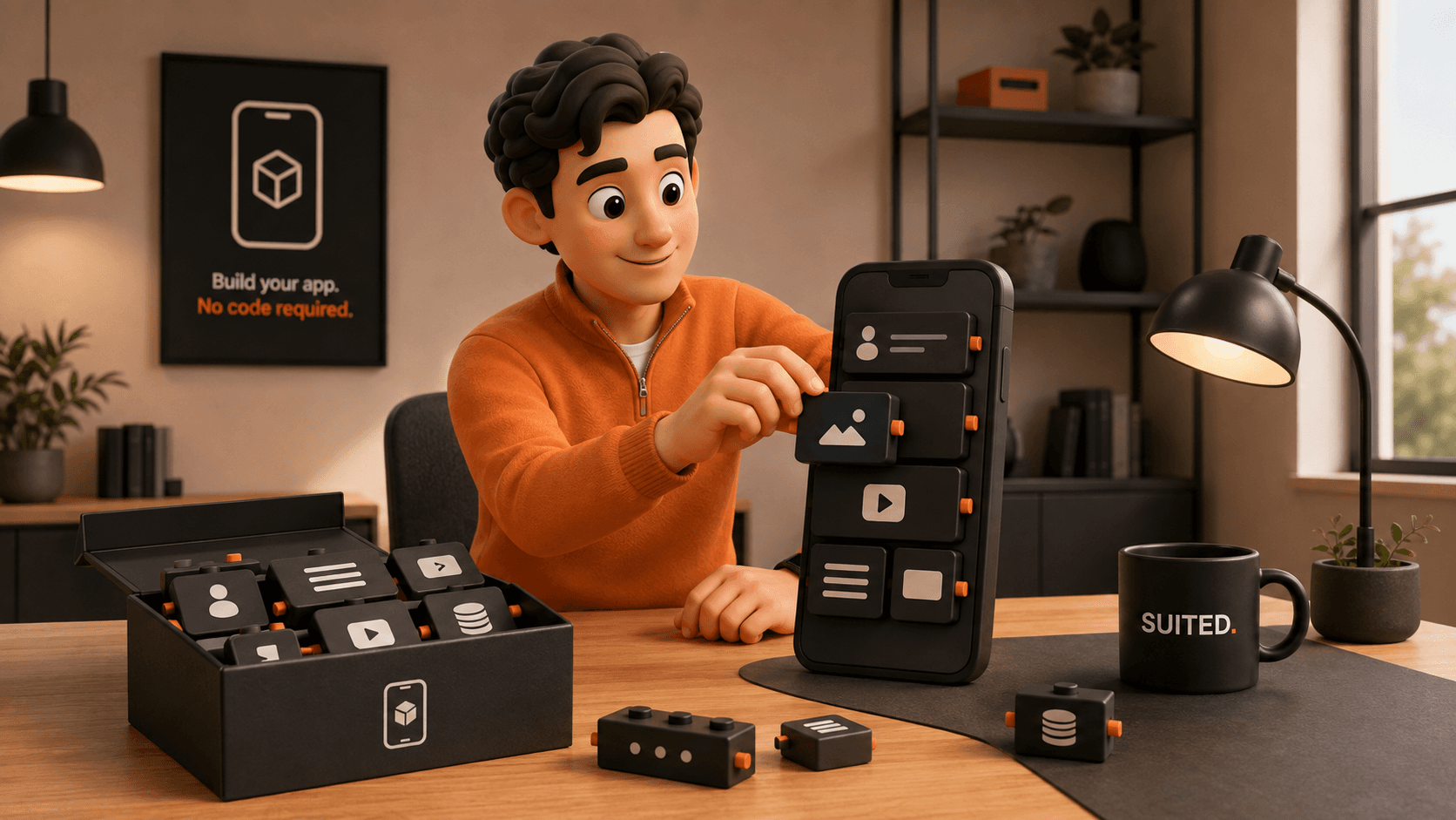3D-Illustration eines Mannes im orangenen Pullover, der eine mobile App ohne Programmierkenntnisse aus modularen No-Code-Bausteinen zusammensetzt, mit Smartphone-Modell, App-Komponenten und schwarzer SUITED.-Tasse.
