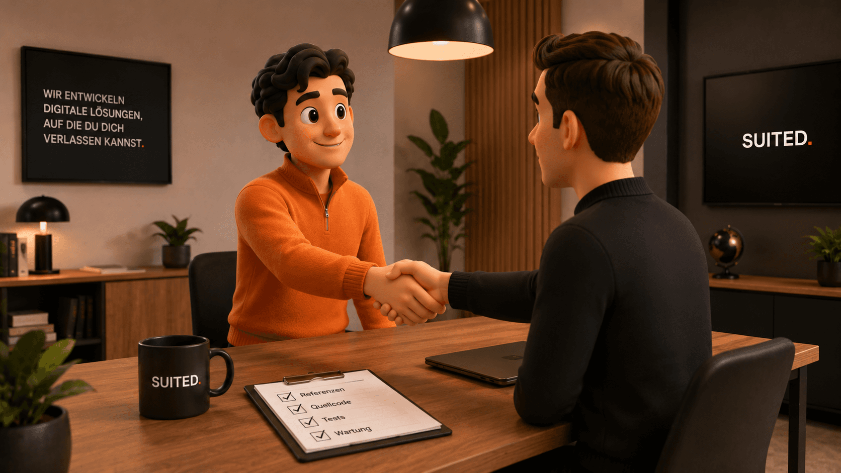 3D-Illustration eines Mannes im orangenen Pullover, der einem App-Entwickler im Büro die Hand gibt, während auf dem Tisch eine Checkliste mit Referenzen, Quellcode, Tests und Wartung sowie eine schwarze SUITED.-Tasse liegen.