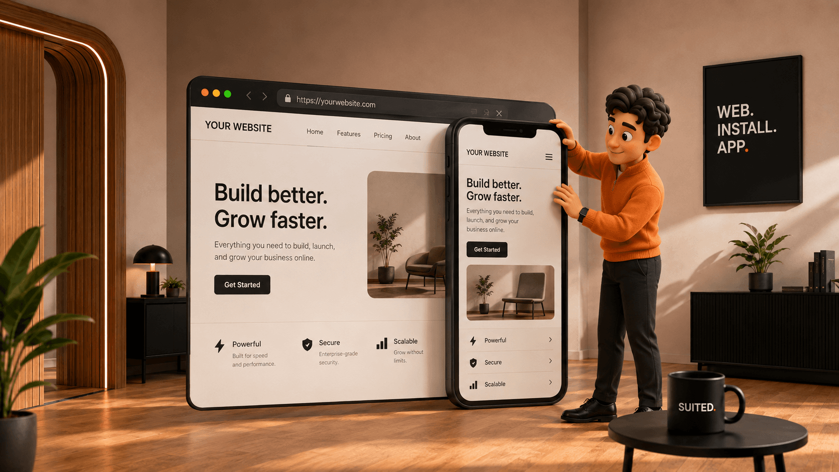 3D-Illustration eines Mannes im orangenen Pullover, der einen Smartphone-Rahmen vor eine bestehende Website hält, um sie in eine installierbare App zu verwandeln, mit schwarzer SUITED.-Tasse und Poster „WEB. INSTALL. APP.“ im Hintergrund.